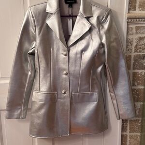 Gorgeous NWT Karen Millen Figure Form Bandage Knit Foiled Blazer Silver. Size: M
